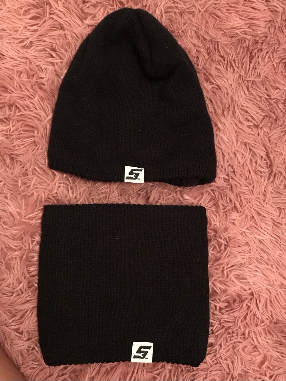 Snap on Black Knit Beanie and Neck Warmer Set with Logo Patch